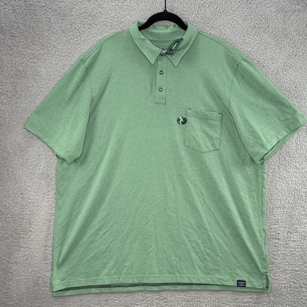 LL Bean Mens Polo Shirt Green Pima Cotton CoolMax Snap Pocket Sz XXL Breathable